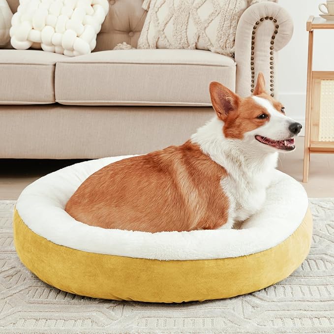 Love's cabin Round Donut Cat and Dog Cushion Bed, 25in Pet Bed for Small or Medium Dogs, Anti-Slip & Water-Resistant Bottom, Soft Durable Fabric Pet Beds, Washable Calming Cat & Dog Bed Yellow