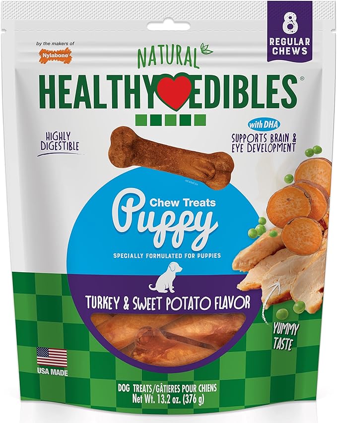 Nylabone Healthy Edibles Natural Puppy Chews Long Lasting Turkey & Sweet Potato Flavor Treats for Dogs, Small/Regular (8 Count)