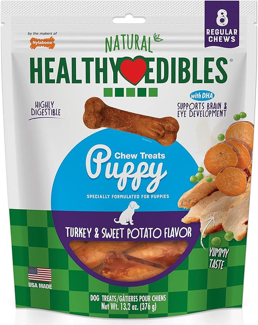 Nylabone Healthy Edibles Natural Puppy Chews Long Lasting Turkey & Sweet Potato Flavor Treats for Dogs, Small/Regular (8 Count)