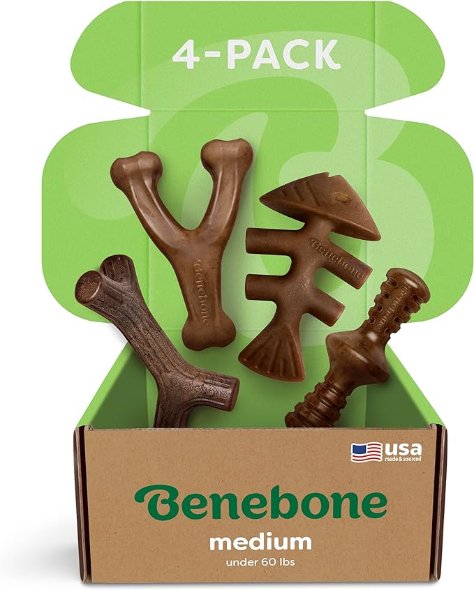 Benebone Medium Holiday 4-Pack Dog Chew Toys for Aggressive Chewers, Made in USA, 60lbs and Under & Tripe Bone Durable Dog Chew Toy for Aggressive Chewers, Real Tripe, Made in USA, Medium