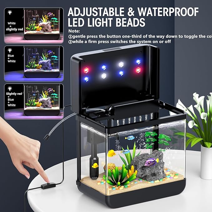 Fish Tank Aquarium 2.2 Gallon with Adjustable 3 Color Lighting Self Cleaning 3 in 1 Pump with Filteration, Oxygenation, Water Circulation Triple Function, HD Float Glass, Leak-Proof Thickened Base