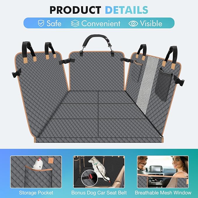 Dog Car Seat Cover with Hard Bottom, Dog Back Seat Extender for Dogs, Hard Bottom Dog Hammock for Car, SUV, Grey