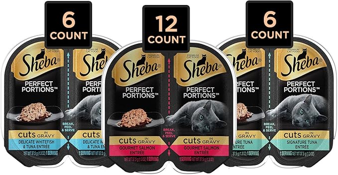 SHEBA PERFECT PORTIONS Cuts in Gravy Adult Wet Cat Food Trays (24 Count, 48 Servings), Gourmet Salmon, Sustainable Tuna, And Delicate Whitefish & Tuna Entrée, Easy Peel Twin-Pack