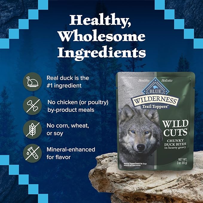 Blue Buffalo Wilderness Trail Toppers Wild Cuts Natural High-Protein Dog Wet Food, Duck Bites in Hearty Gravy, 3-oz Pouch, 12 Count