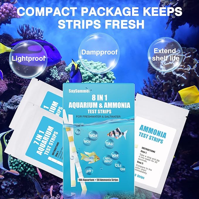 8 in 1 Ammonia Test Kit for Aquarium, Aquarium Test Strips, Fish Tank Test Strips, Aquarium Ammonia Test Strips for Aquarium 150 Counts for Freshwater Saltwater, Testing Ammonia and 7 More