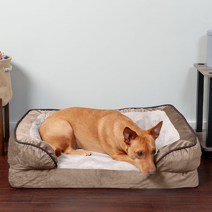 Furhaven Orthopedic Dog Bed for Medium/Small Dogs w/ Removable Bolsters & Washable Cover, For Dogs Up to 35 lbs - Plush & Velvet Waves Perfect Comfort Sofa - Brownstone, Medium