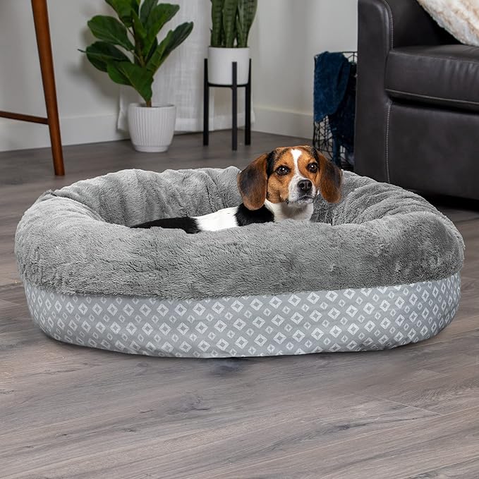 Furhaven 30" Round Donut Dog Bed for Medium/Small Dogs, Refillable w/ Removable Washable Cover, For Dogs Up to 45 lbs - Plush & Diamond Print Donut Bed - Gray, Medium