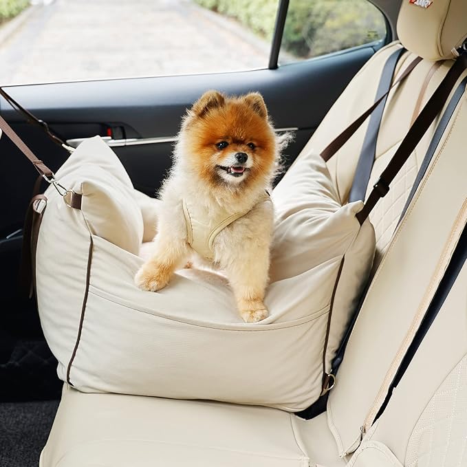 Lesure Small Dog Car Seat for Small Dogs - Waterproof Dog Booster Seat for Car with Storage Pockets, Clip-On Safety Leash and Thickened Memory Foam Filling, Pet Carseat Puppy Travel Carrier Bed, Beige