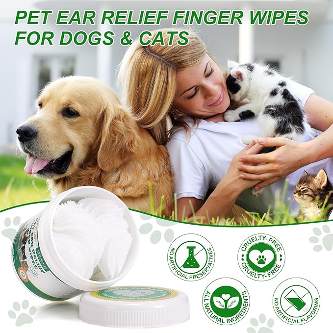 Ear Finger Wipes for Dogs & Cats-50 Pads Disposable Ear Wipes Biodegradable Remove Ear Wax, Debris-Sooths & Deodorizes-Relieve Ear Itching & Inflammation-Stops Head Shaking Dog Ear Cleaner