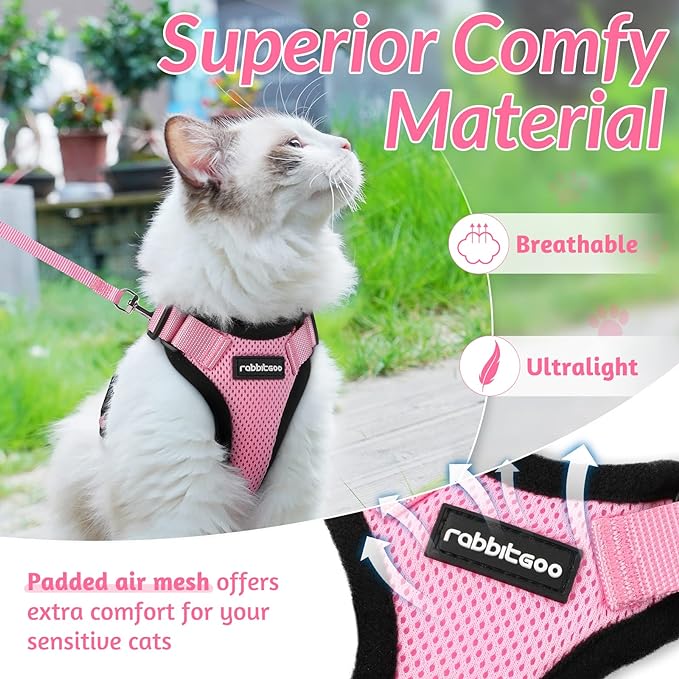 rabbitgoo Cat Harness and Leash for Walking, Escape Proof Soft Adjustable Vest Harnesses for Cats, Easy Control Breathable Reflective Strips Jacket, Pink, S