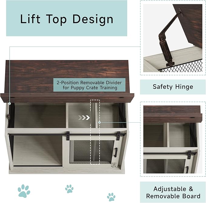 Furniture Style Dog Crate End Table with Sliding Barn Door, Indoor Dog Kennel Furniture with Removable Divider, Flip Top Dog Crate Table, Dog House,Dog Crate Furniture, White