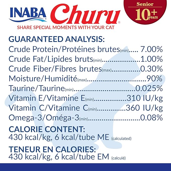 INABA Churu for Senior 10+, Creamy Lickable Cat Treats with Taurine, Vitamin E & C, 0.5 ounces Each, 24 Tubes (4 per Pack), Tuna Recipe