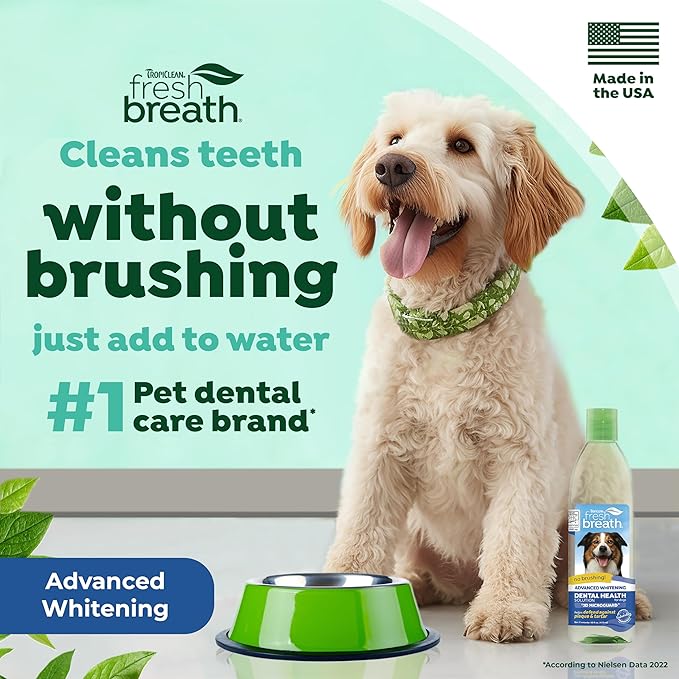 TropiClean Fresh Breath Advanced Whitening | Dog Oral Care Water Additive | Dog Breath Freshener Additive for Dental Health | VOHC Certified | Made in the USA | 16 oz.