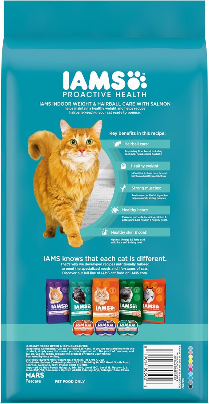 IAMS Proactive Health Indoor Weight & Hairball Care Adult Dry Cat Food with Salmon, 3.5 lb. Bag