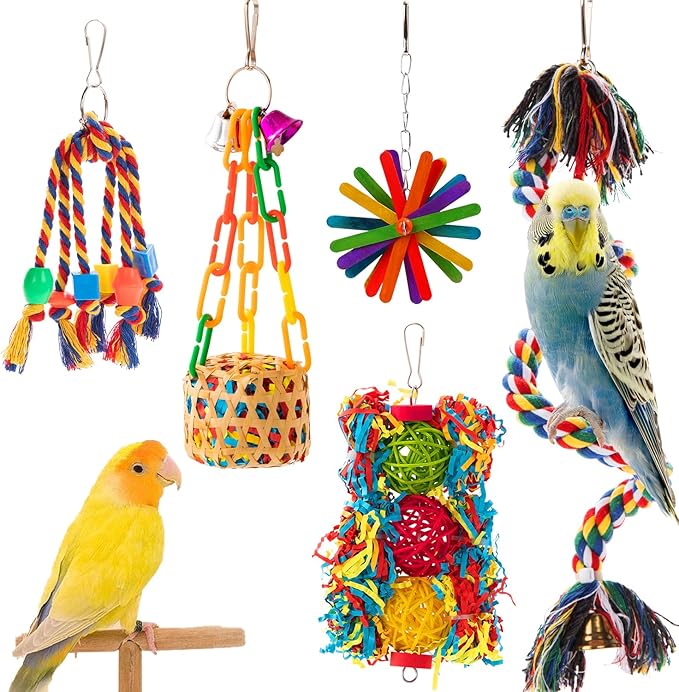 Bird Toys Parakeets Chewing Toys, Parrots Foraging Toys Bird Swing Climbing Hanging Toys Rope Perch Cage Toys for Small Medium Birds Conure Cockatiel Budgies Parrot Cockatoo Lovebird