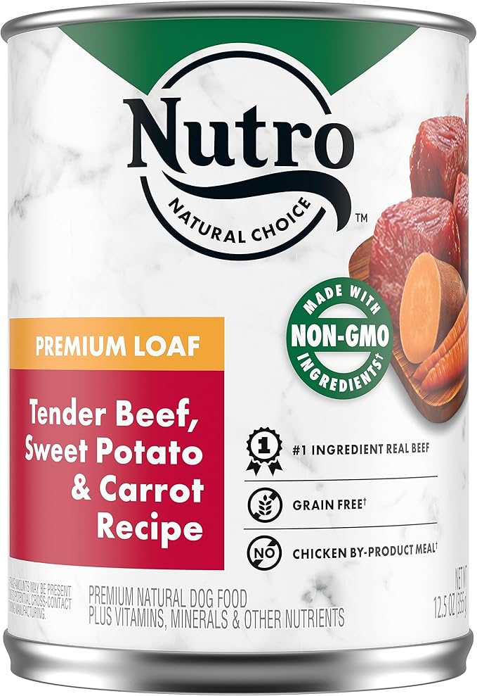 NUTRO PREMIUM LOAF Adult Natural Grain Free Wet Dog Food Tender Beef, Sweet Potato & Carrot Recipe, 12.5 oz. Cans (Pack of 12)