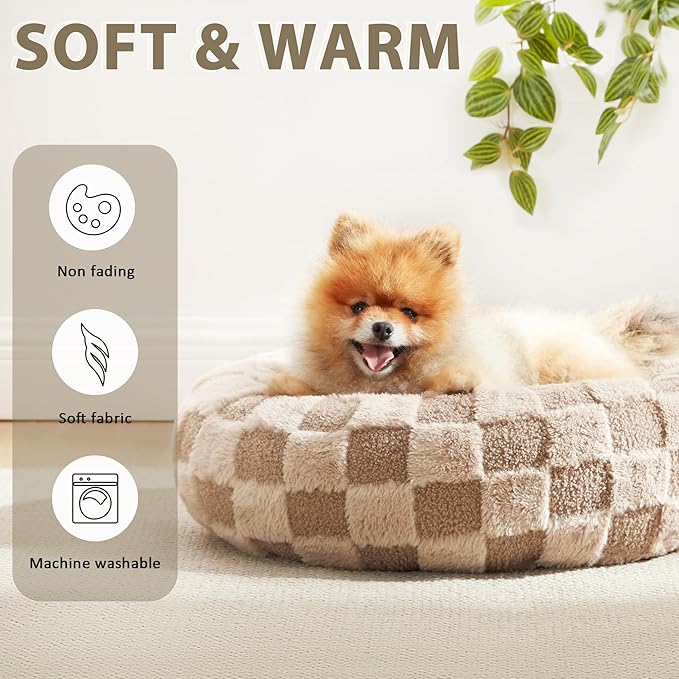 Love's cabin Round Donut Cat and Dog Cushion Bed, 20in Pet Bed For Cats or Small Dogs, Anti-Slip & Water-Resistant Bottom, Super Soft Durable Fabric Pet beds, Washable Luxury Cat & Dog Bed Brown Plaid