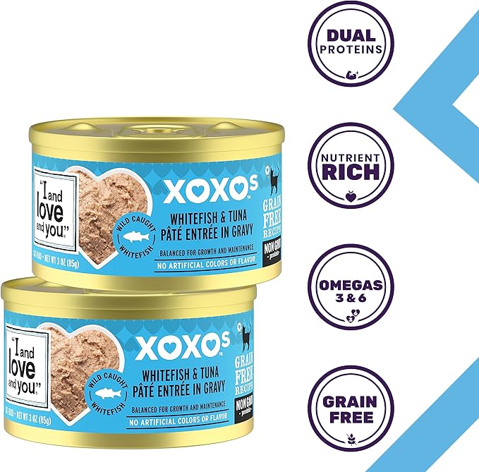 I AND LOVE AND YOU" XOXOs Canned Wet Cat Food, Whitefish and Tuna Pate, Grain Free, Real Meat, No Fillers, 3 oz Cans, Pack of 24 Cans