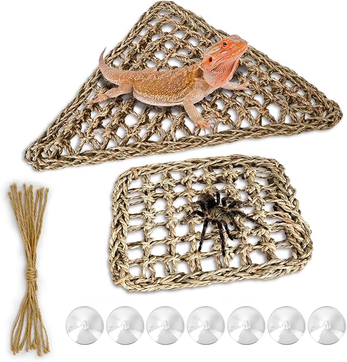 Bearded Dragon Lizard Hammock Reptile Lounger,100% Natural Seagrass Bed and Cage Terrarium Tank Accessories for Geckos,Snakes,Chameleon,Hermit Crab,Axolotl,Iguana 16.5"*11"*11"+7"*7"