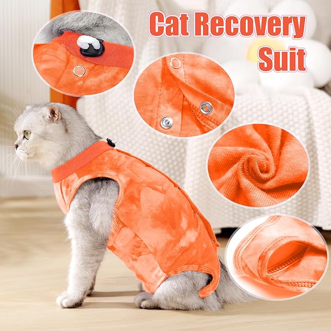 Cat Recovery Suit for Male and Female Surgical Post Surgery Soft Cone Onesie Tie Dye Cats Shirt Clothes Neuter Licking Protective Diapers Outfit Cover Kitten Spay Collar Alternative(Orange, L)