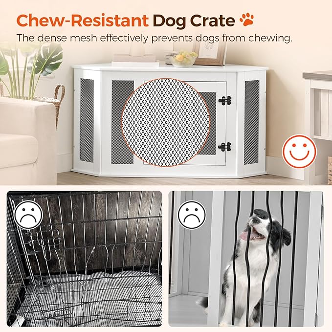 Corner Dog Crate Furniture, Wooden Dog Kennel End Table, Decorative Pet Crate Indoor Use, Furniture Style Dog House for Small Medium Dog, Dog Cage TV Stand, White and Black DCWT0801