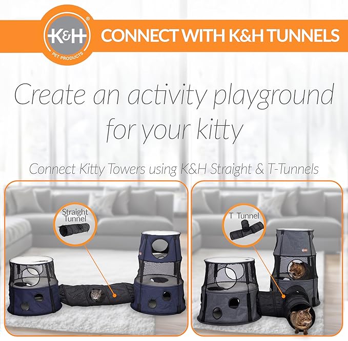 K&H Pet Products Cat Playground Bundle with 3 Level Tower + Straight Tunnel Tube + 2 Level Tower, Cat Tower Tree Condo for Indoor Cat Playground, Kitty Activity Tree Cave Cozy Hideaway Center, Gray