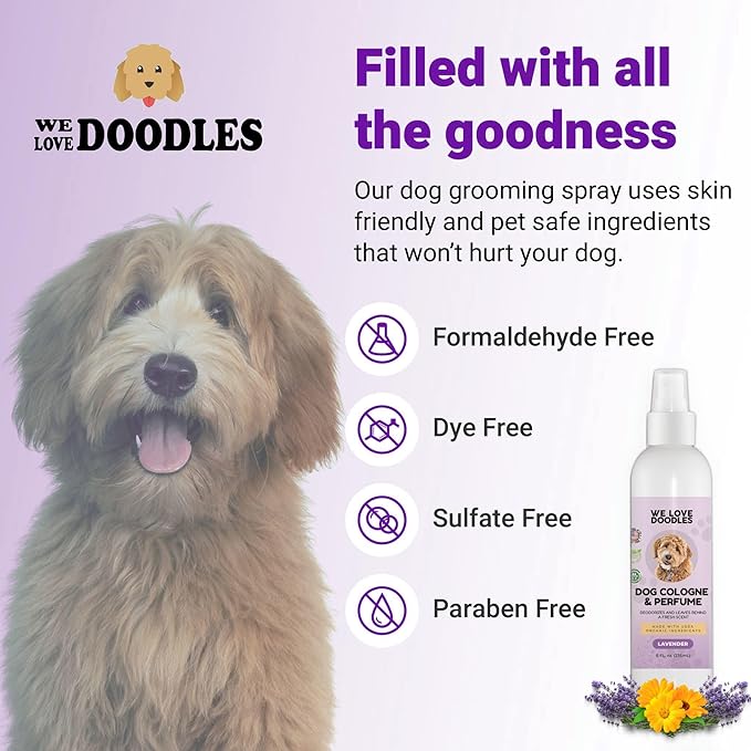 We Love Doodles Dog Cologne & Perfume, Deodorizing, USDA Organic Ingredients, Made In USA, Long Lasting After Bath, Deodorant For Smelly Dogs, Pawfume For Pets, Odor Eliminator Spray, Lavender, 8 OZ