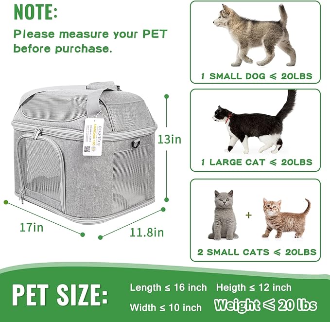 Large Cat Carrier for 2 Cats, Soft Side Pet Carrier for Cats Small Dog, Collapsible Travel Dog Carrier Bag, OEKO-TEX Certified TSA Airline Approved Cat Carrier Backpack for Cats 20 lbs (Gray)