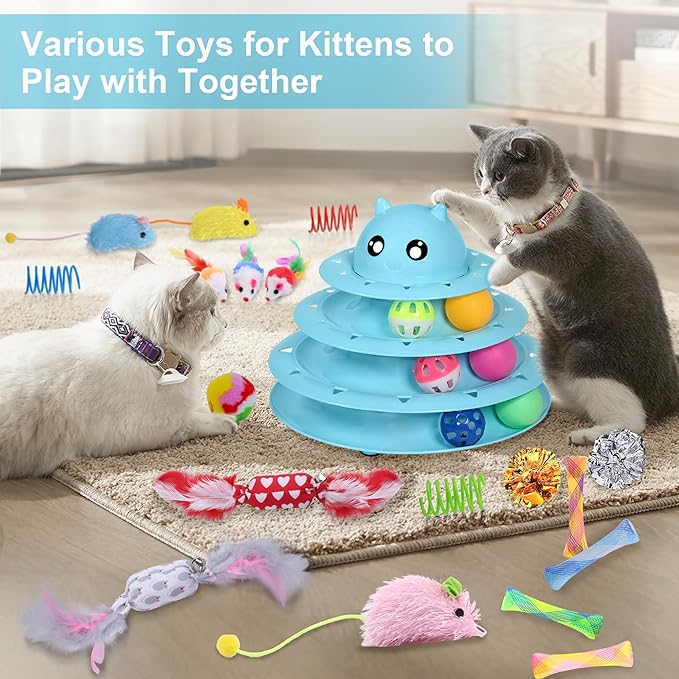 UPSKY 24 PCS Cat Toys, 3-Level Turntable Kitten Toys Set, Interactive Cat Roller Toys for Indoor Cats, Catnip Toys, Cat Teaser Toys, Mice Toys, Spring Toys, Various Ball Toys for Kitty.