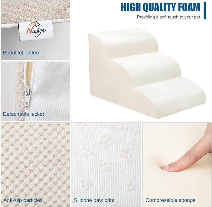 Dog Stairs for Small Dogs - High Density Foam Dog Ramp, Extra Wide Pet Steps with Non-Slip Bottom for High Beds, Couche and Sofa, Best for Dogs Injured, Older Dogs Cats (white, 3 Steps)