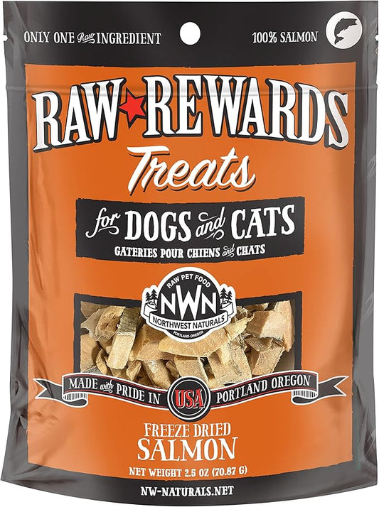 Northwest Naturals Raw Rewards Freeze-Dried Salmon Treats for Dogs and Cats - Bite-Sized Pieces - Healthy, 1 Ingredient, Human Grade Pet Food, All Natural - 2.5 Oz (Packaging May Vary)