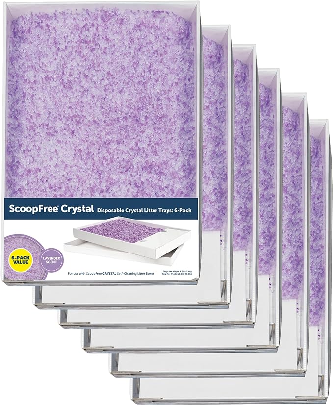 PetSafe ScoopFree Crystal Cat Litter Tray Refills – Lavender Crystals, 6-Pack – Disposable Tray – Includes Leak Protection & Low Tracking Litter – Absorbs Odors on Contact