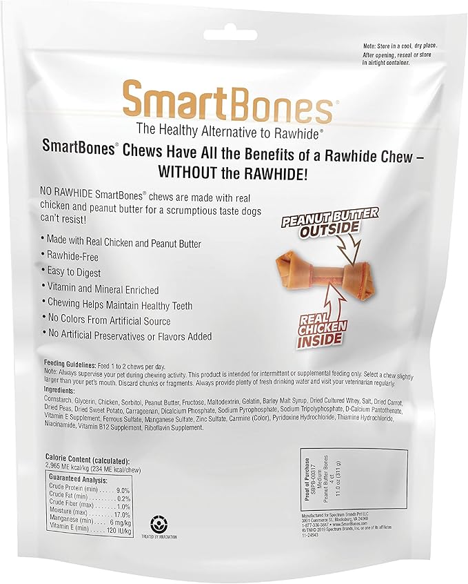 SmartBones with Peanut Butter Medium Chews 4 Count, Rawhide-Free Chews for Dogs, 11 oz, Case of 24 Individual Packs (SBPB-00317-1)