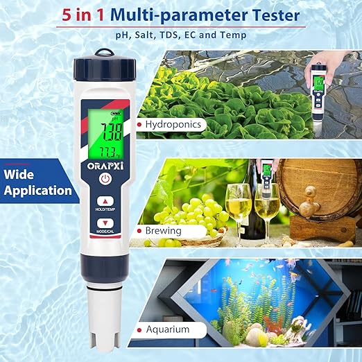 pH Salinity Tester 5 in 1 pH SALT TDS EC Temp Meter for Hydroponic System Saltwater Pool pH and PPM Meter Water Tester for Indoor Plant Grow, Hot Tub, Spa, Aquarium, Home Brewing