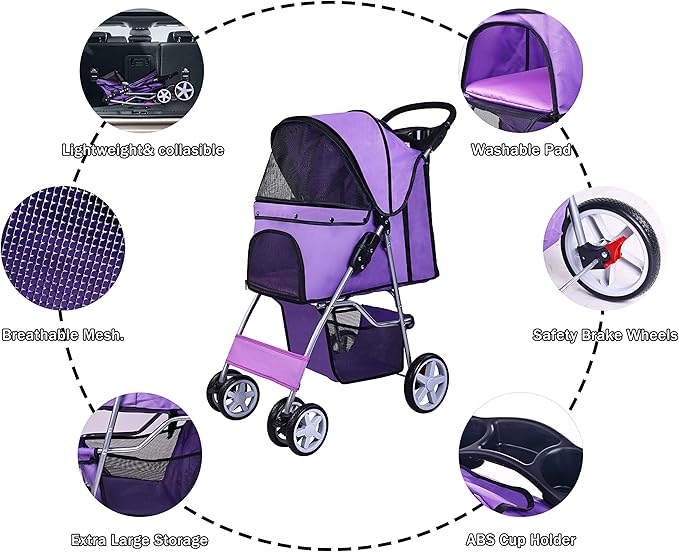 Pet Stroller, 4 Wheels Multifunction Dog Cat Stroller, Folding Portable Travel Stroller with Detachable Carrier, Suitable for Medium Small Dogs Cats