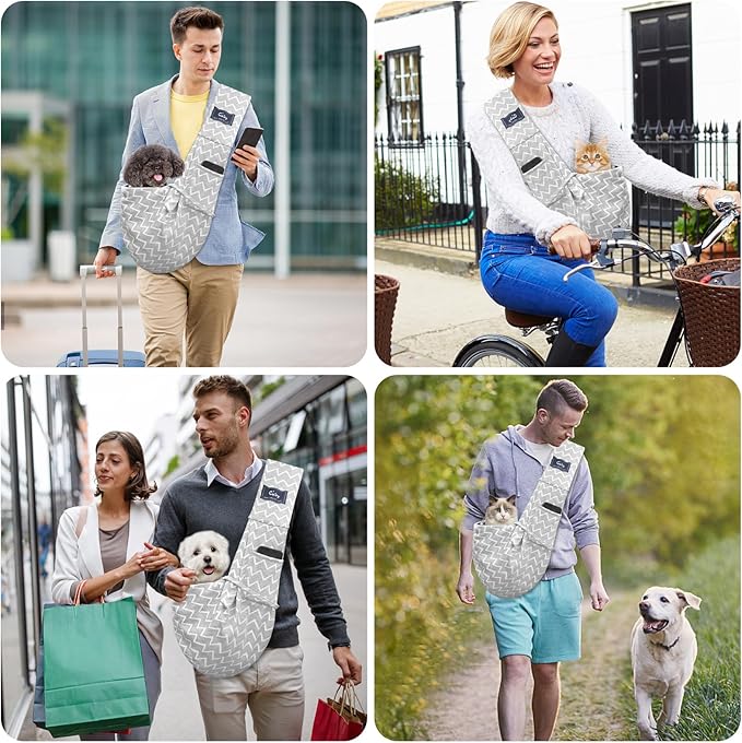 CUBY Dog and Cat Sling Carrier - Hands Free Reversible Pet Papoose Bag - Soft Pouch and Tote Design - Suitable for Puppy, Small Dogs Cats Outdoor (Stripe grey, Unadjustable strap)