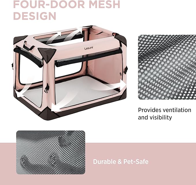 Lesure Collapsible Dog Crate - Portable Dog Travel Crate Kennel for Medium Dog, 4-Door Pet Crate with Durable Mesh Windows, Indoor & Outdoor (Pink)