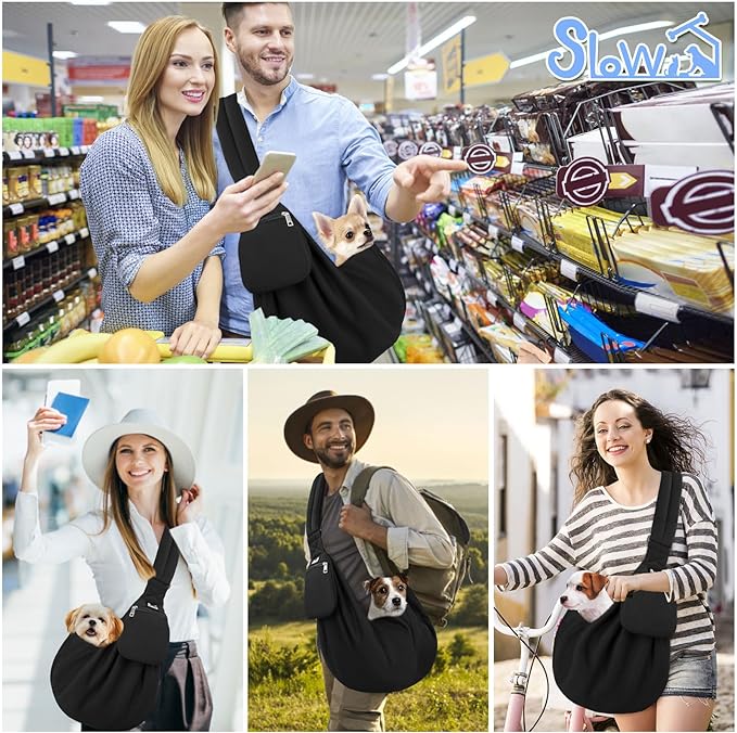 SlowTon Dog Carrier Sling - Thick Padded Adjustable Shoulder Strap Dog Carriers for Small Dogs, Puppy Carrier Purse for Pet Cat with Front Zipper Pocket Safety Belt Machine Washable (Black Knitted, S)