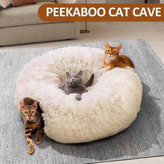 Cat Tunnel with Cat Bed for Indoor Cats, Soft Plush Peekaboo Cat Cave Donut Tunnel, Multifunctional Cat Playground Toys Hideplace for Small Medium Large Cats, Kittens, Rabbit, Ferret (Cream White)