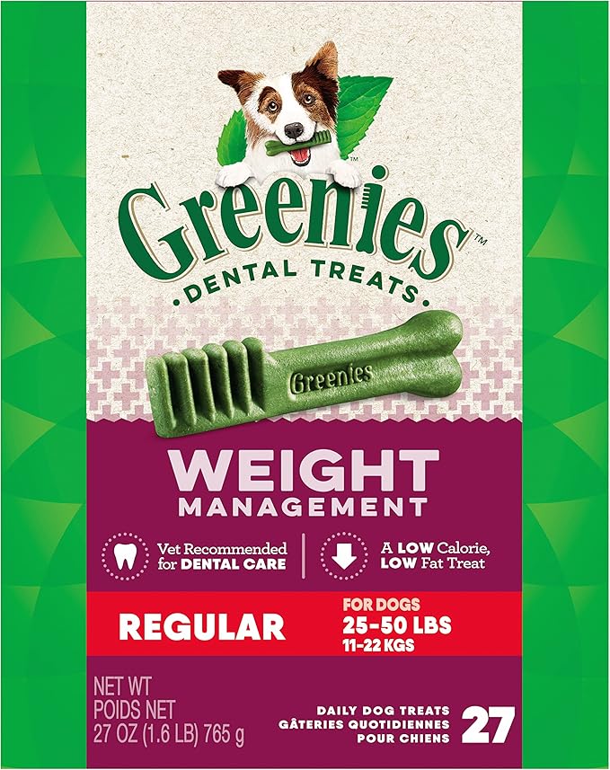 Greenies Weight Management Regular Natural Dog Dental Care Chews Weight Control Dog Treats, 27 oz. Pack (27 Treats)