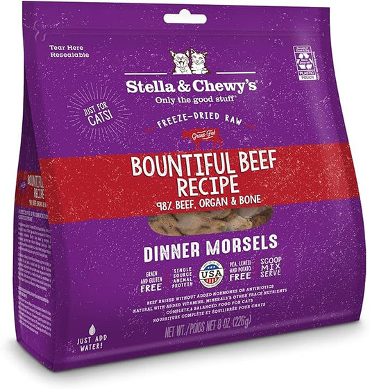 Stella & Chewy's Freeze-Dried Raw Cat Dinner Morsels – Grain Free, Protein Rich Cat & Kitten Food – Bountiful Beef Recipe – 8 oz Bag