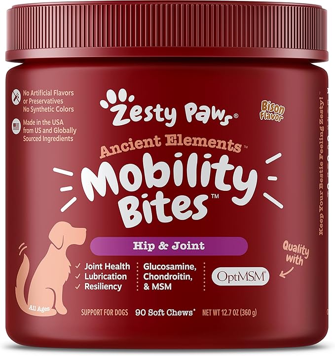 Zesty Paws Mobility Bites Dog Joint Supplement - Hip and Joint Chews for Dogs - Pet Products with Glucosamine, Chondroitin, & MSM + Vitamins C and E for Dog Joint Relief - AE - Bison - 90 Count