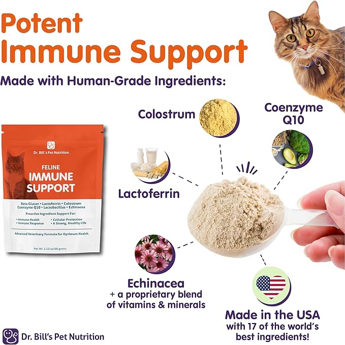 Dr. Bill’s Feline Immune Support Cat Vitamins and Supplements | Cat Immune Support | Colostrum Vitamins for Cats | Includes Beta Glucan, Lactoferrin, Colostrum, Zinc, Coenzyme Q-10, Bifidobacterium