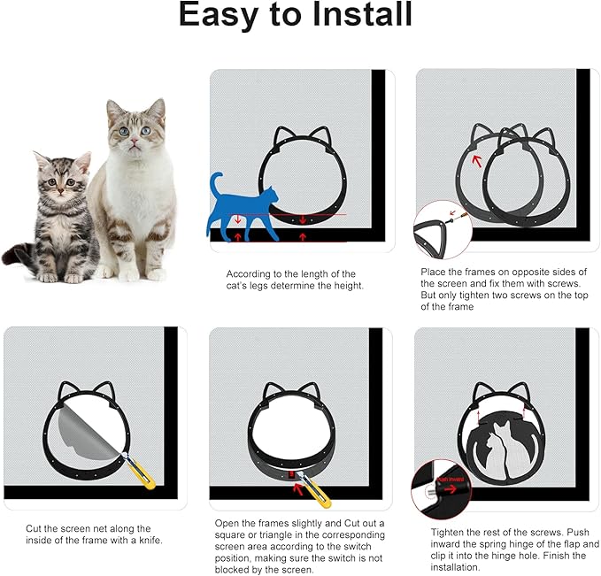 Cat Door for Screen Door, Inside Openning 10x10x0.5 inch, Patent Desigh Pet Screen Door with Lockable Magnetic Flap for Doggy and Cat Door, Suitable 0-32lb Cats and Small Dogs, Black