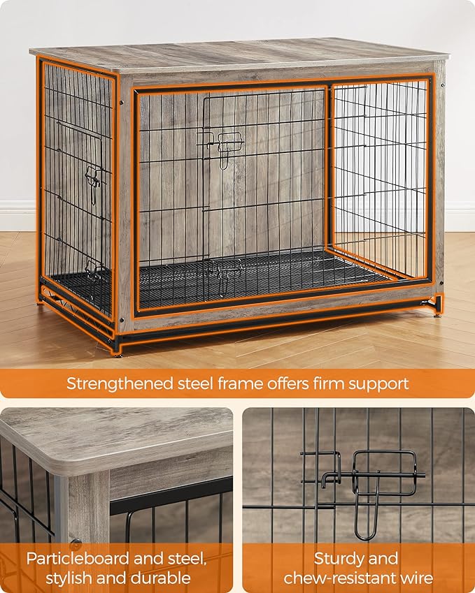 Feandrea Dog Crate Furniture, Side End Table, Modern Kennel for Dogs Indoor up to 80 lb, Heavy-Duty Dog Cage with Multi-Purpose Removable Tray, Double-Door Dog House, Greige UPFC004G01