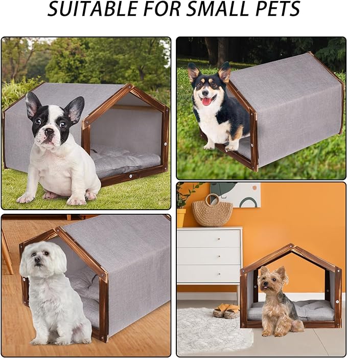 Dog House with Wooden Frame for Small Dogs or Cats Pet House with Fabric Cushion for Indoor (Grey)