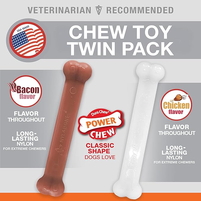 Nylabone Power Chew Classic Bone Chew Toy for Dogs, Durable Dog Toys for Aggressive Chewers, Chicken Flavor, Large/Giant - Up to 50 lbs. (2 Count)