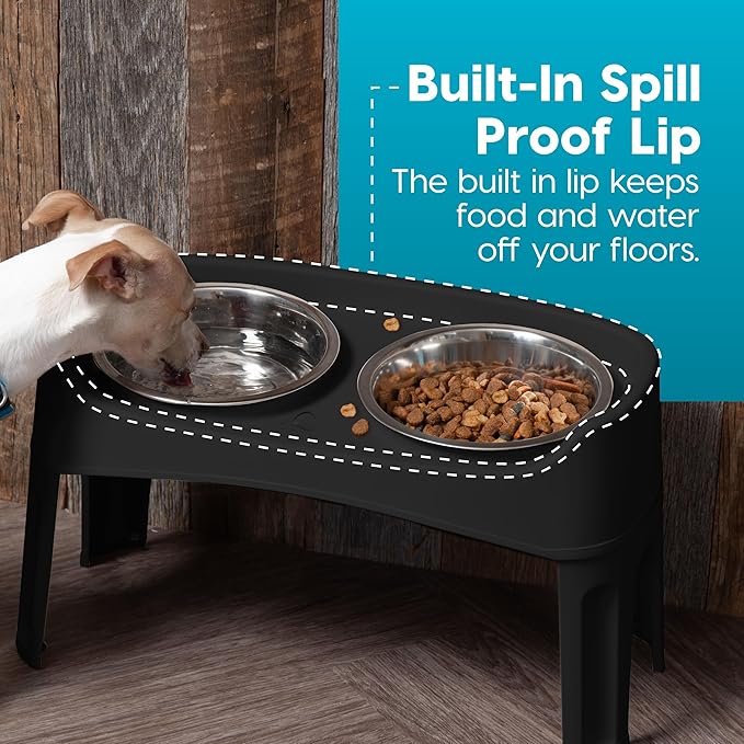 IRIS USA Elevated Dog Bowls, Adjustable Height, 2 Thick 64 oz Stainless Steel Bowls, Spill-Proof with Raised Outer Rim, Durable Made in USA Plastic, Easy Assemble, 2 Heights 4.63" or 12.25" Black
