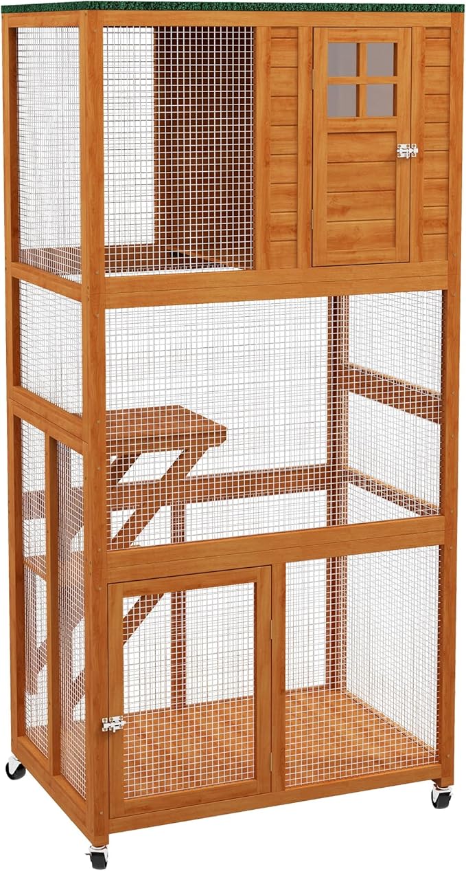 74 Inch Wooden Catio Outdoor Cat Enclosure on Wheels, Luxury Kitty-House with Resting House, 2 Jumping Platforms & Weatherproof Asphalt Roof, Kitty Condo Cage Shelter Playpen