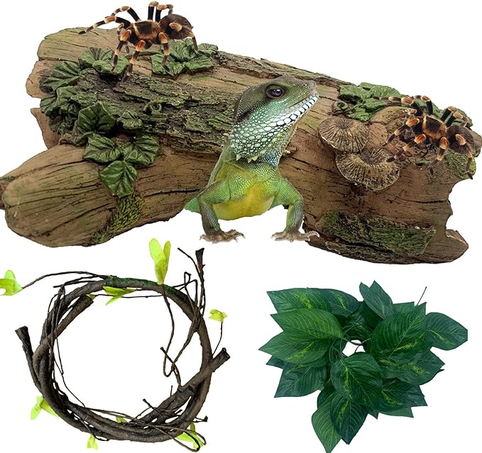 Resin Reptiles Hollow Tree Trunk Habitat Decor Reptile Log Hides Caves Bearded Dragon Hideout Cave Bark Habitats Decoration Gecko Hut for Lizard Chameleon Crested Gecko Snake Spider (3Pcs)